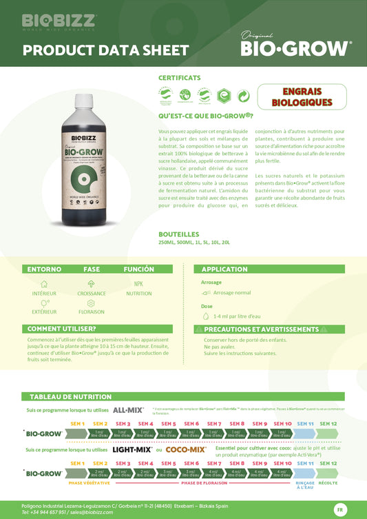 Engrais croissance BIO.GROW 1 litre - biobizz
