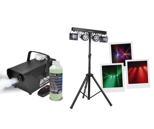 Pack trépied quatre jeux de lumière et machine à fumée