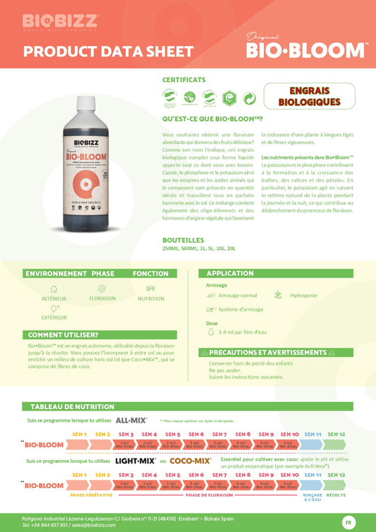 Engrais floraison BIO.BLOOM 1 litre - biobizz