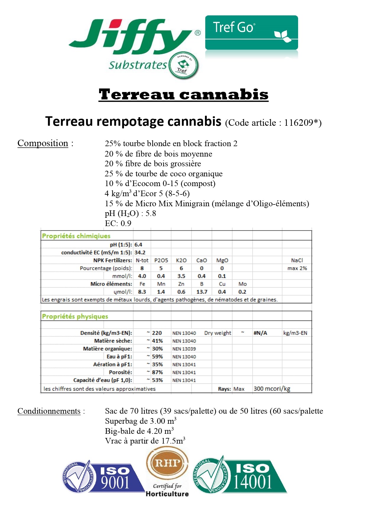 Terreau professionnel spécial chanvre 70 L (fabrication par nos soins)