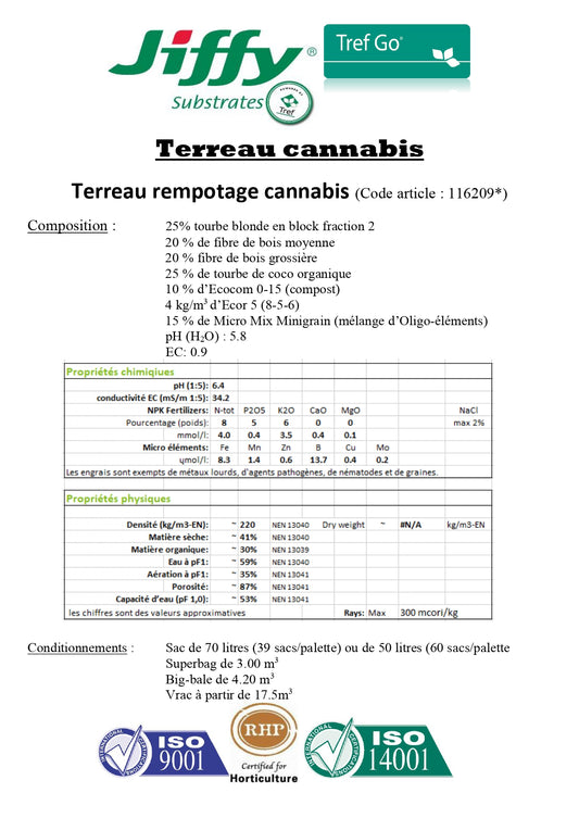 Terreau professionnel spécial chanvre 70 L (fabrication par nos soins)